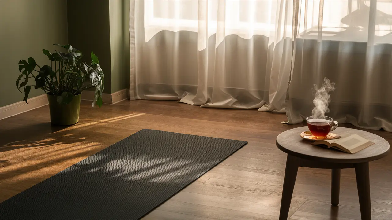 Sala de estar com tapete de ioga, planta em vaso, mesa de chá e livro sob luz suave.