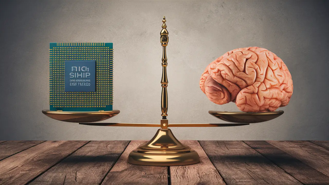 Balança com chip de computador de um lado e cérebro humano do outro em mesa de madeira.