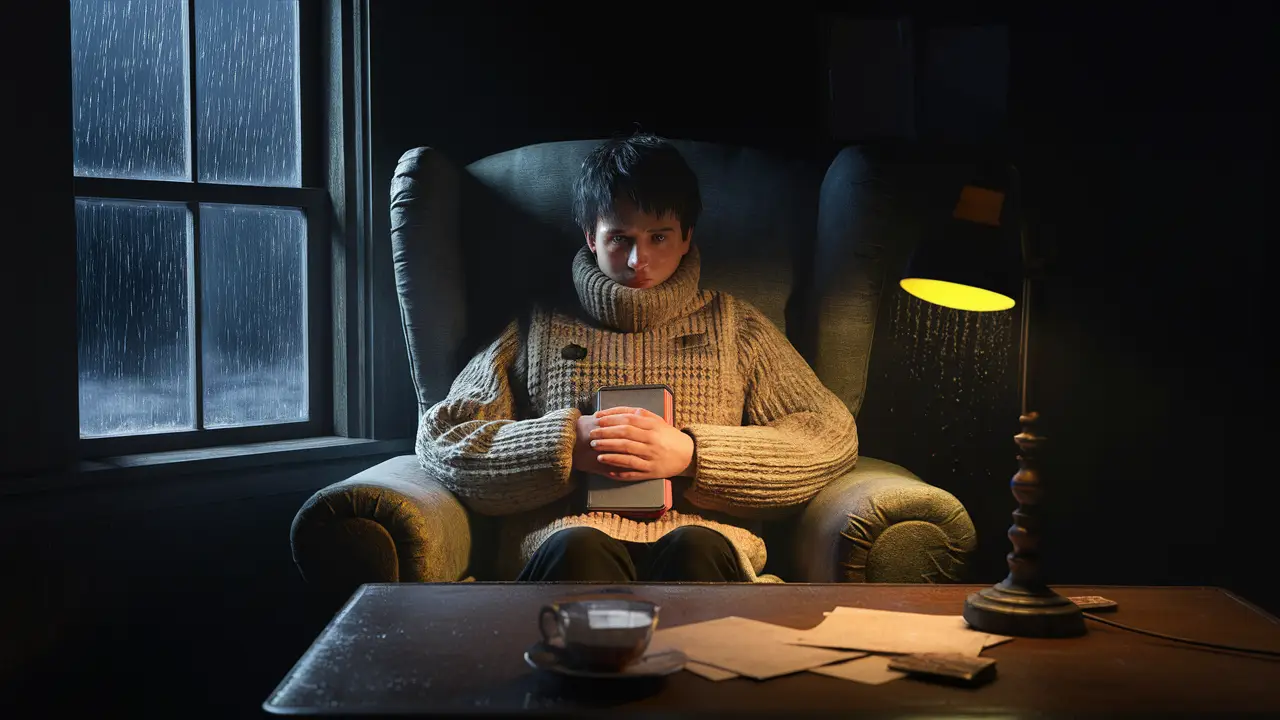 Pessoa sentada em poltrona desgastada, segurando um diário em quarto escuro, com chuva visível pela janela.