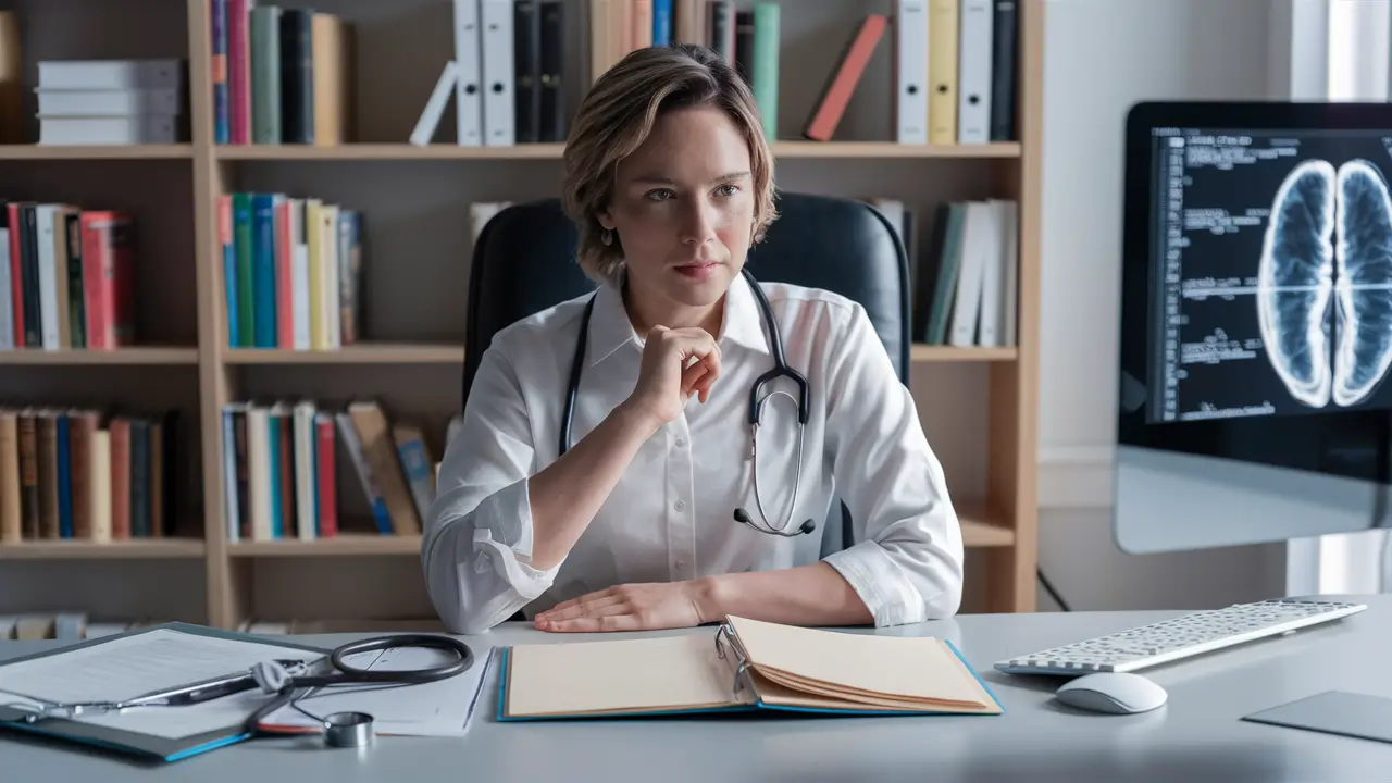 Psiquiatra em escritório analisando uma pasta aberta e tela de computador com scan de cérebro.