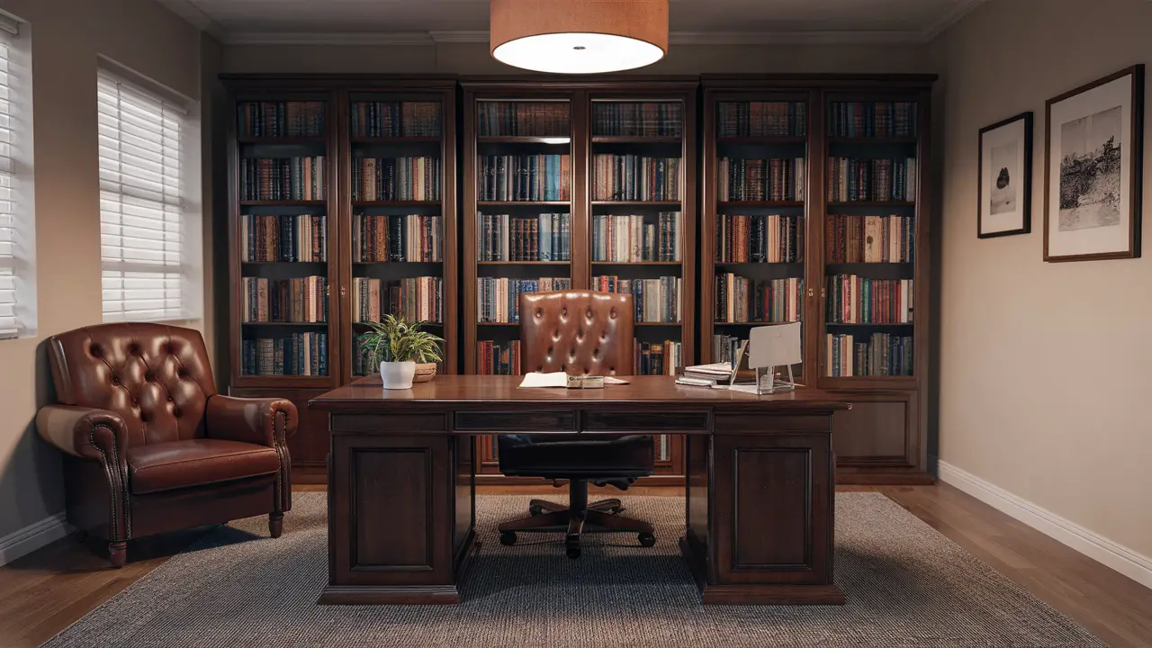 Consultório psiquiátrico com mesa de madeira, poltrona de couro, planta pequena e estante cheia de livros.