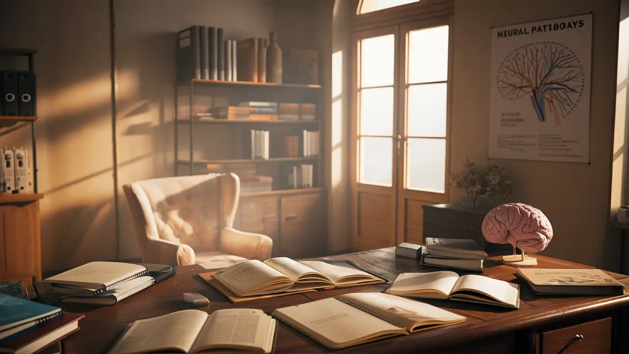 Escritório aconchegante com mesa de madeira, livros abertos, modelo de cérebro e pôster de vias neurais na parede.