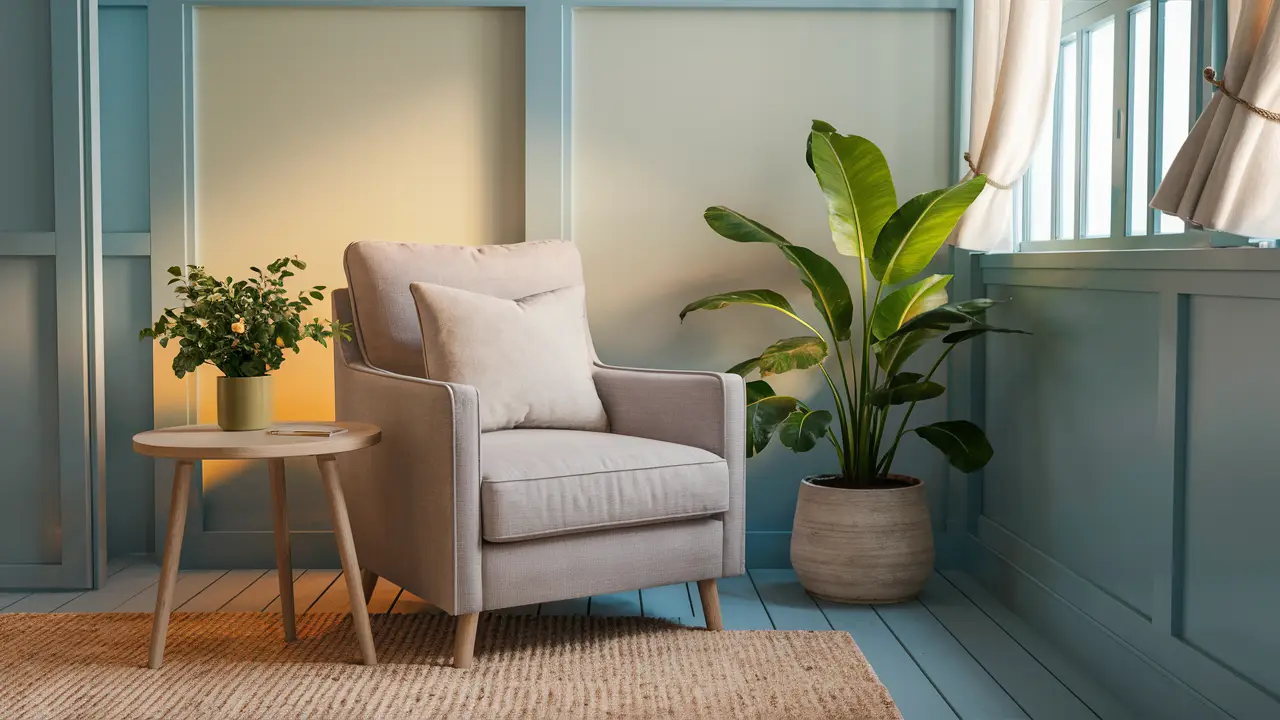 Sala tranquila com poltrona, mesa de madeira, planta em vaso, luz amarela suave e parede azul claro.