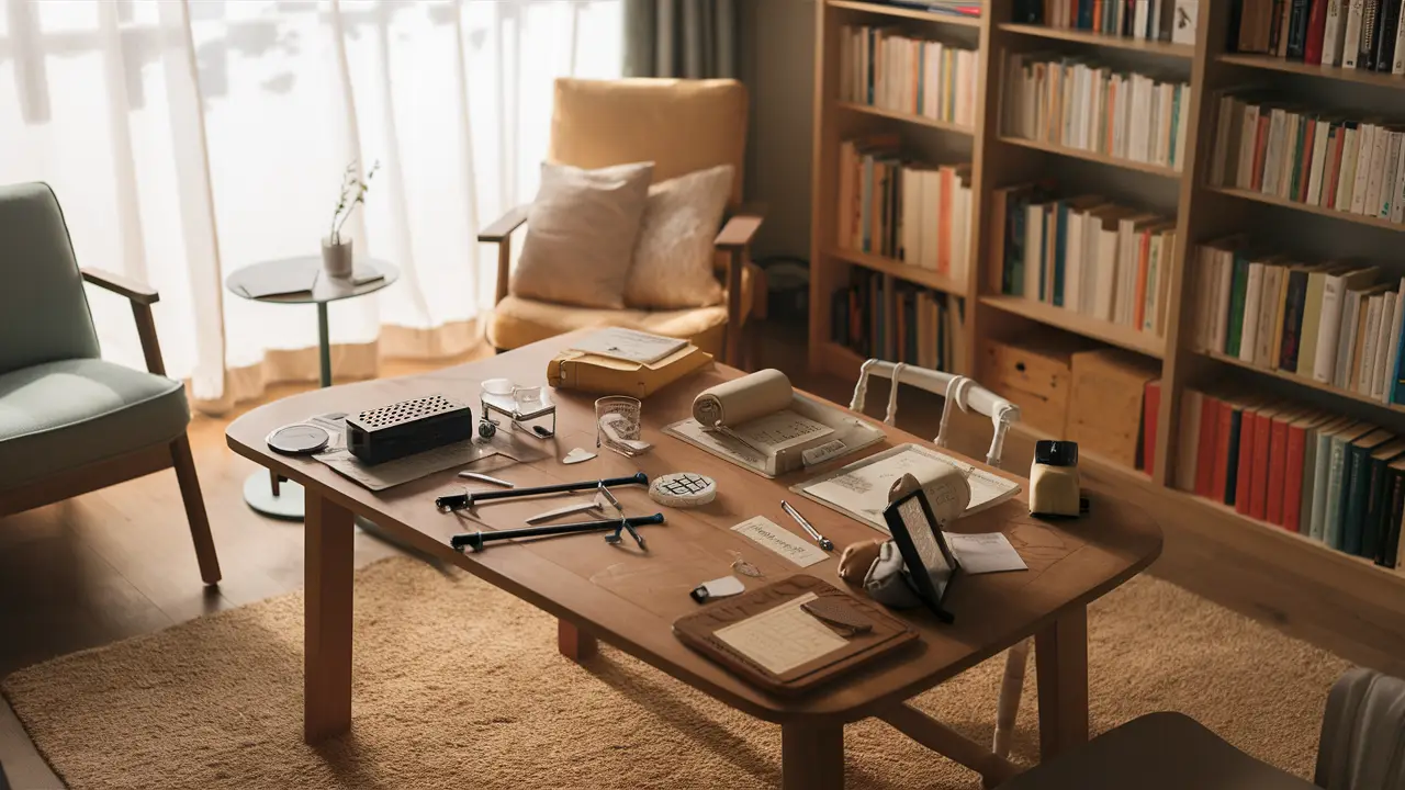 Sala tranquila com ferramentas de testes neuropsicológicos sobre mesa de madeira e estantes de livros ao redor.