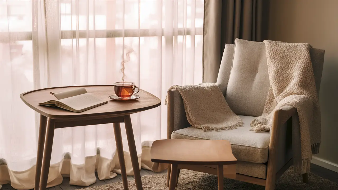 Sala aconchegante com mesa de madeira, caderno aberto e xícara de chá ao lado de poltrona com manta.