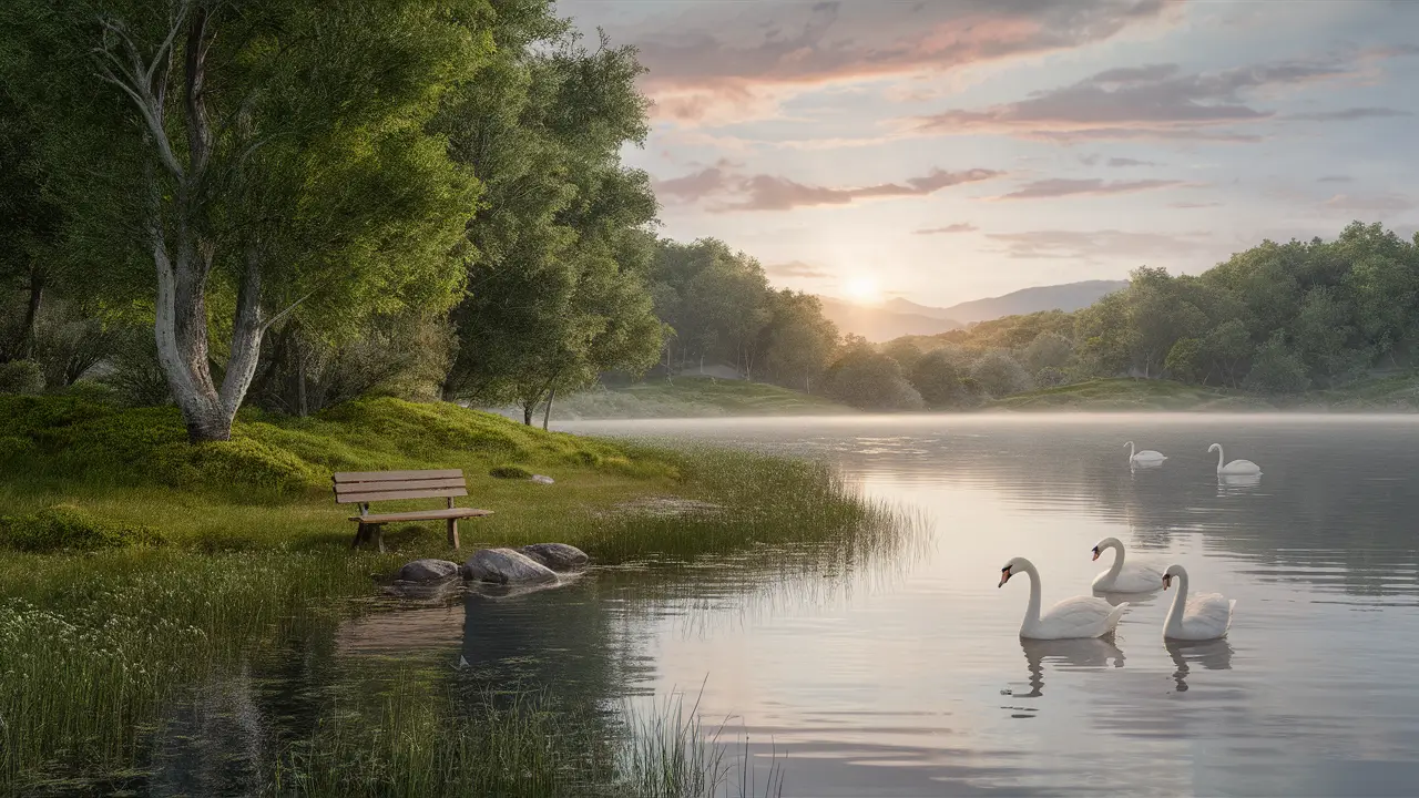 Lago tranquilo com cisnes brancos, banco de madeira e nascer do sol ao fundo.