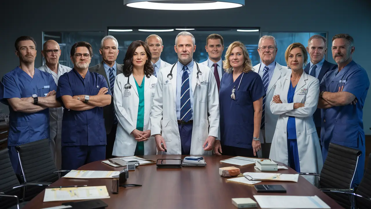 Médicos de diferentes especialidades em sala de conferência hospitalar com equipamentos e gráficos.