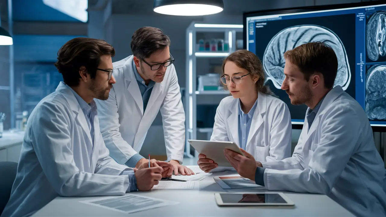 Cientistas analisando uma imagem de ressonância cerebral em um laboratório moderno.