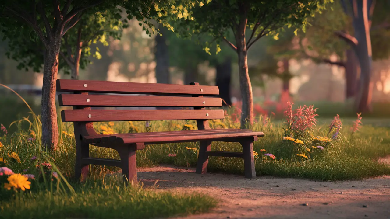 Banco de madeira em parque tranquilo, rodeado por árvores verdes e flores coloridas ao pôr do sol.