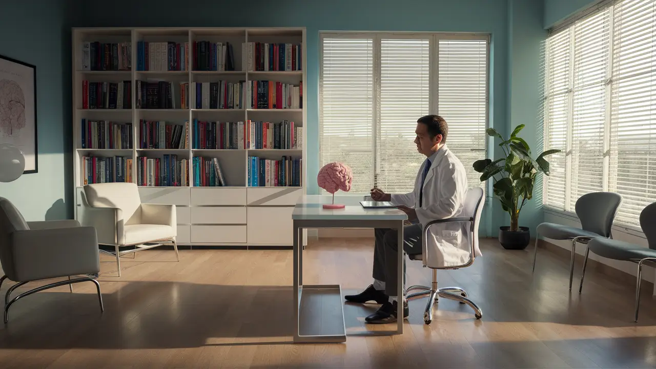 Interior de clínica com neuropsicólogo em mesa, modelo cerebral, livros na estante e planta em vaso.