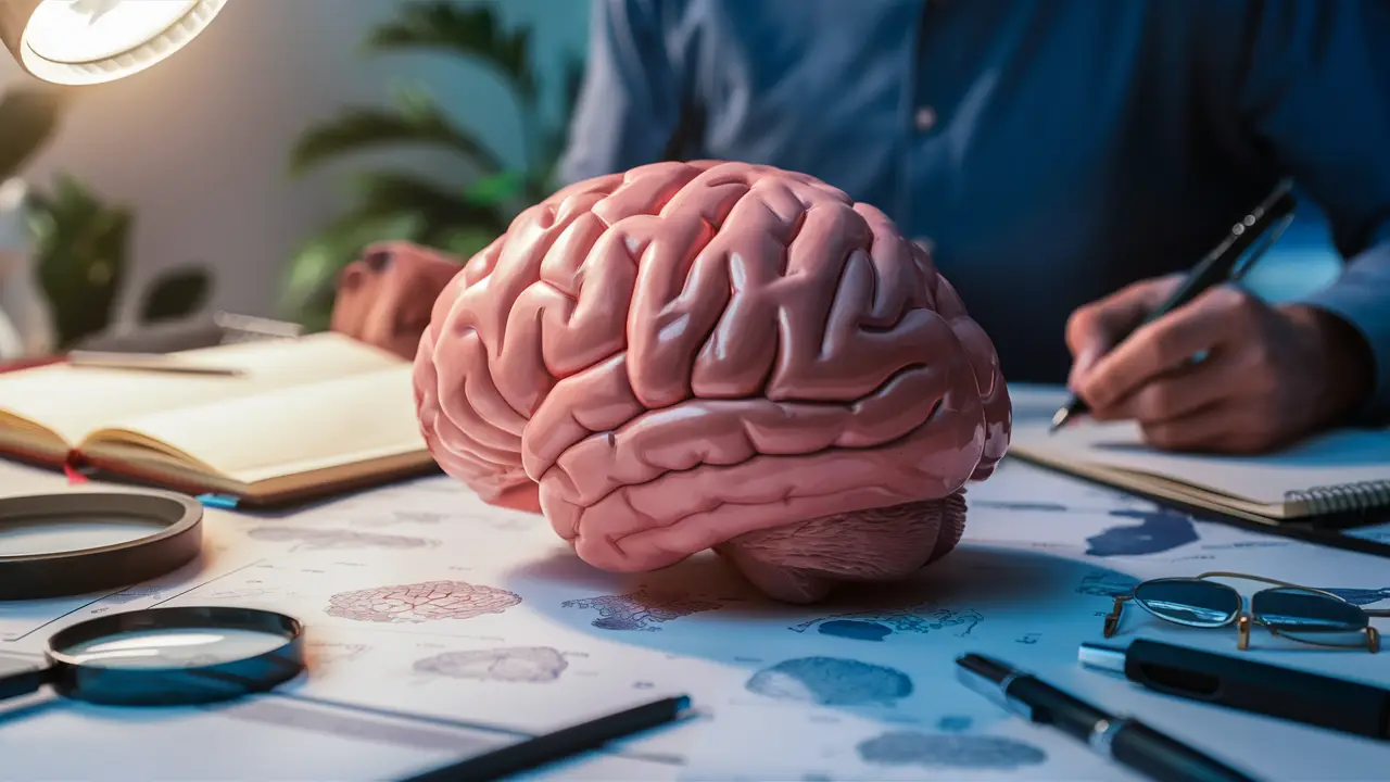 Cérebro humano sobre uma mesa cercado por ferramentas de neuropsicologia, como lupa, caderno e caneta.