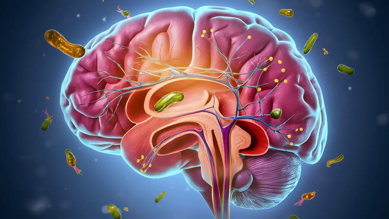 Corte transversal de um cérebro humano mostrando neurônios, sinapses e nutrientes como ômega-3 e vitaminas.
