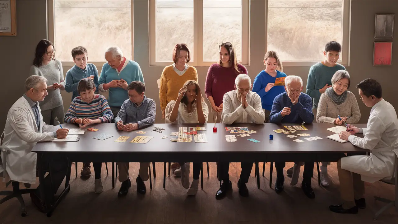 Pessoas de diferentes idades realizando testes neuropsicológicos em uma mesa, com profissional observando e anotando.