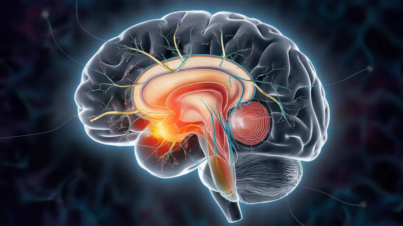 Ilustração anatômica detalhada do cérebro humano destacando áreas relacionadas à enxaqueca com neurônios e sinapses.