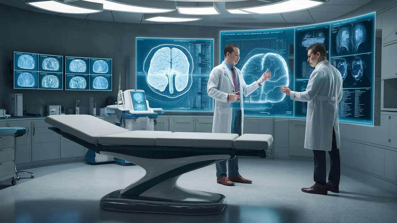 Médico psiquiatra interagindo com interface holográfica em consultório futurista com tecnologia avançada.