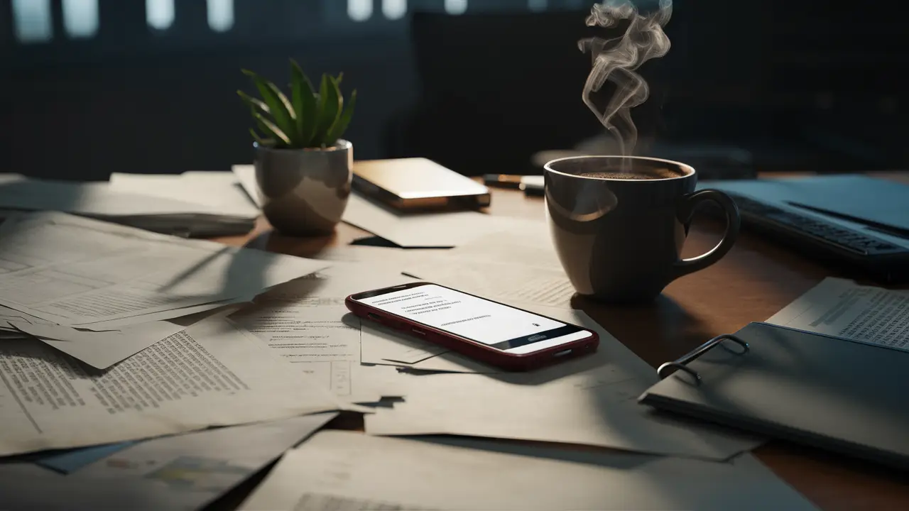Uma mesa de escritório bagunçada com papéis, uma xícara de café, um smartphone com notificações e uma planta sob pouca luz.
