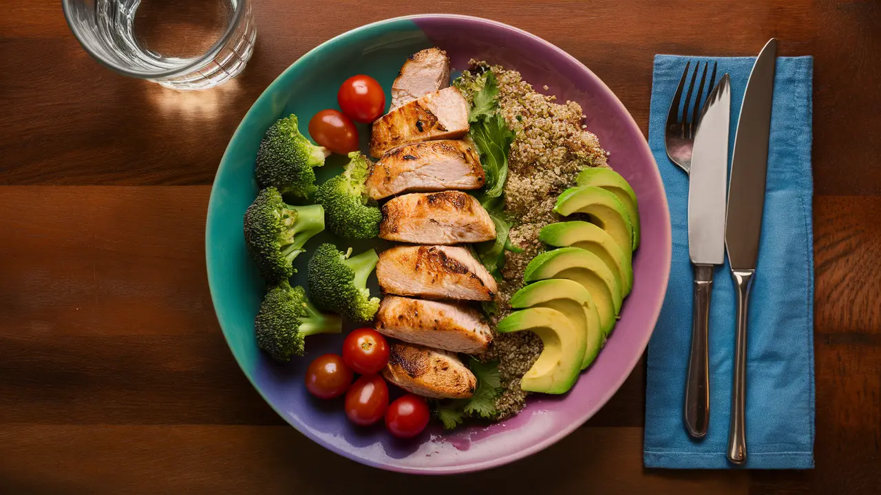 Prato colorido com frango grelhado, quinoa, brócolis, abacate e tomates cereja sobre mesa de madeira ao lado de um copo de água.