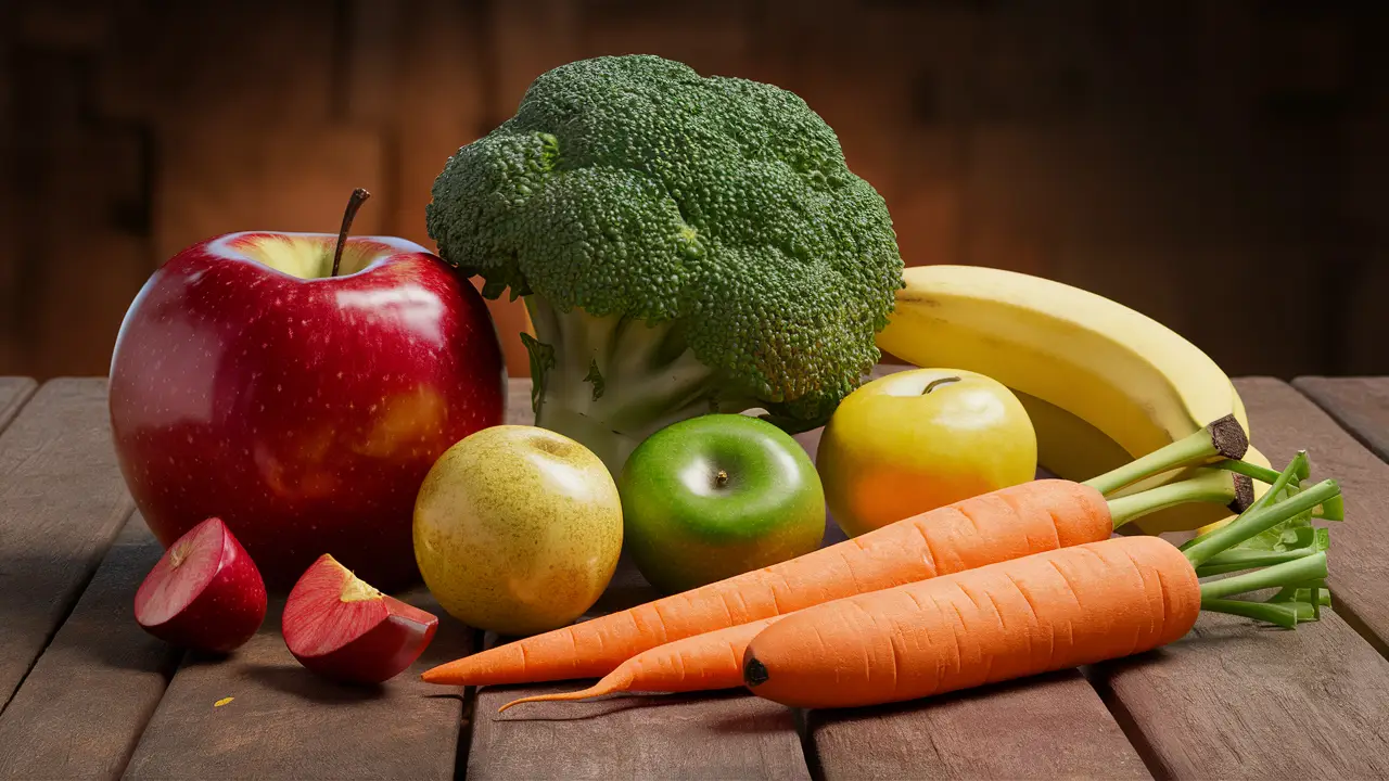 Frutas e vegetais frescos em uma mesa de madeira, incluindo maçã, brócolis, banana e cenoura.