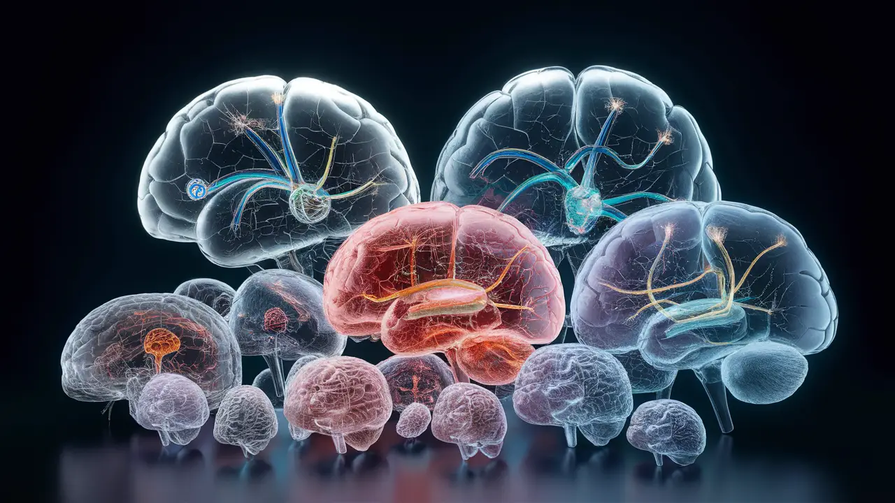 Hologramas de cérebros transparentes em diferentes tamanhos mostrando conexões neurais em fundo escuro.