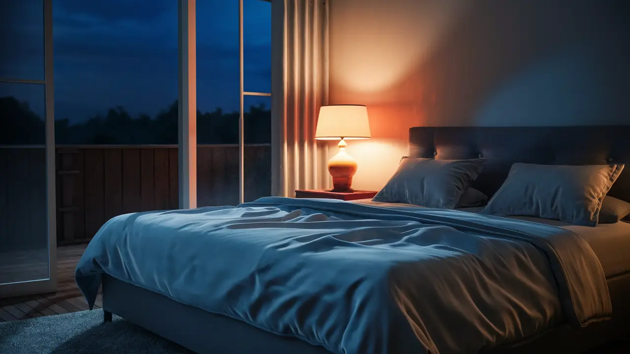 Quarto tranquilo com cama queen, lençóis brancos e abajur aceso sobre criado-mudo de madeira.