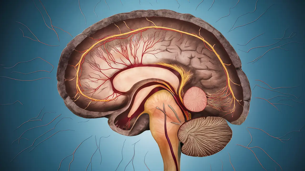Corte transversal detalhado de um cérebro humano com áreas destacadas mostrando atividade nervosa e vasos sanguíneos.