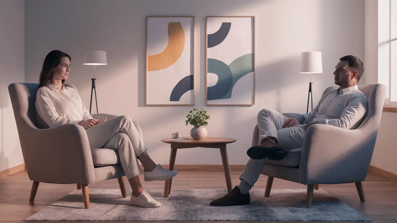 Terapeuta e cliente em cadeiras modernas, com arte abstrata e planta em sala de terapia acolhedora.