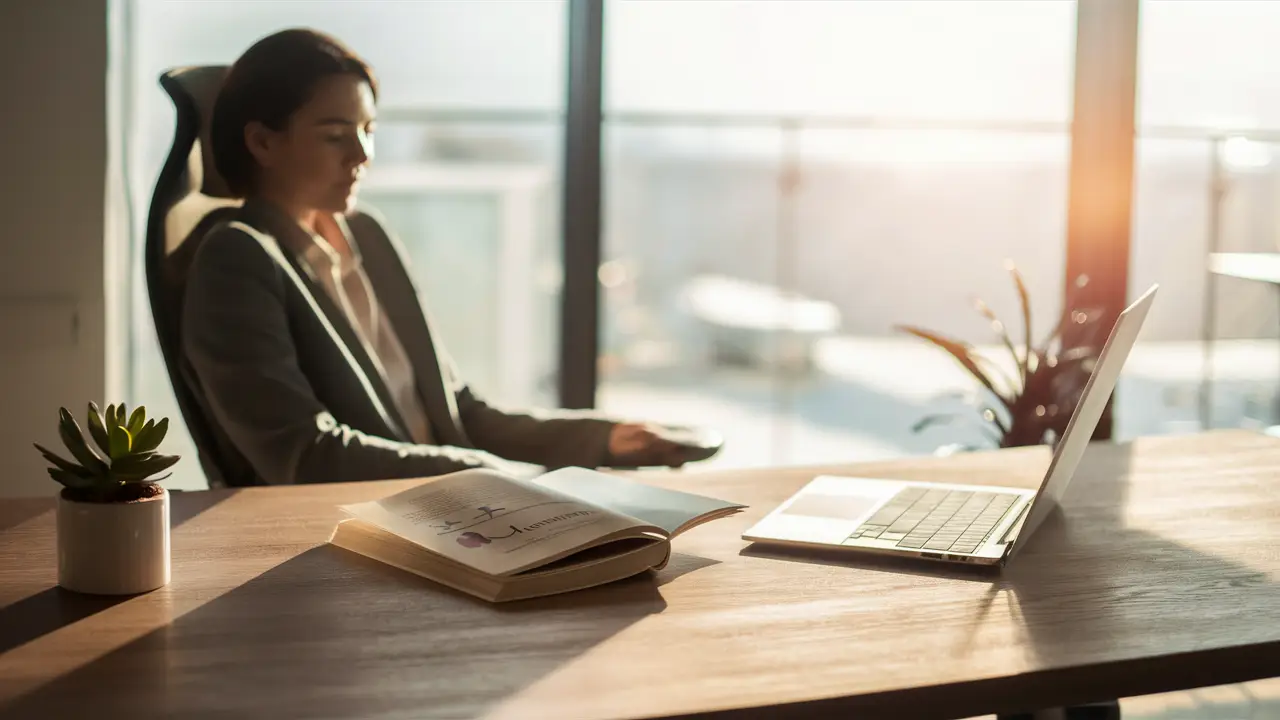Pessoa em escritório tranquilo lendo livro sobre gerenciamento de estresse com laptop e planta em mesa de madeira.