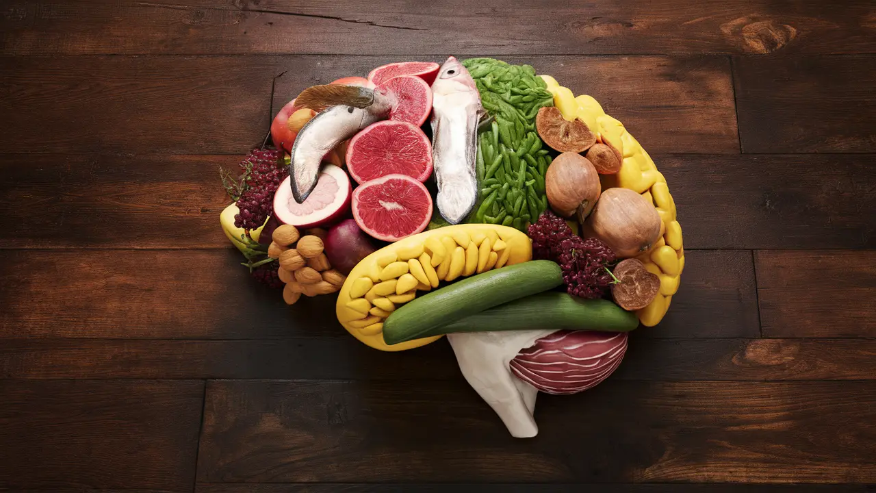 Cérebro feito de frutas, vegetais, nozes e peixes sobre uma mesa de madeira.