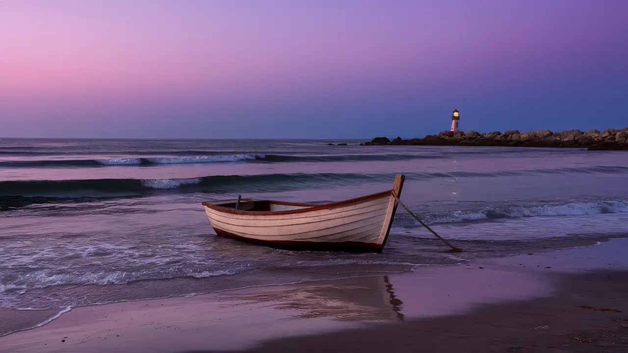 Praia serena ao anoitecer com um barco de madeira e farol ao fundo sob céu roxo e rosa.