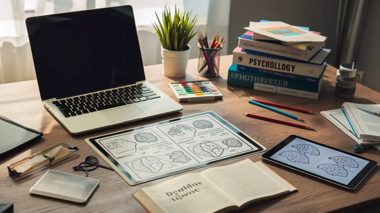 Ferramentas de diagnóstico sobre uma mesa, incluindo laptop, livros de psicologia, lápis de cor e tablet com diagramas cerebrais.