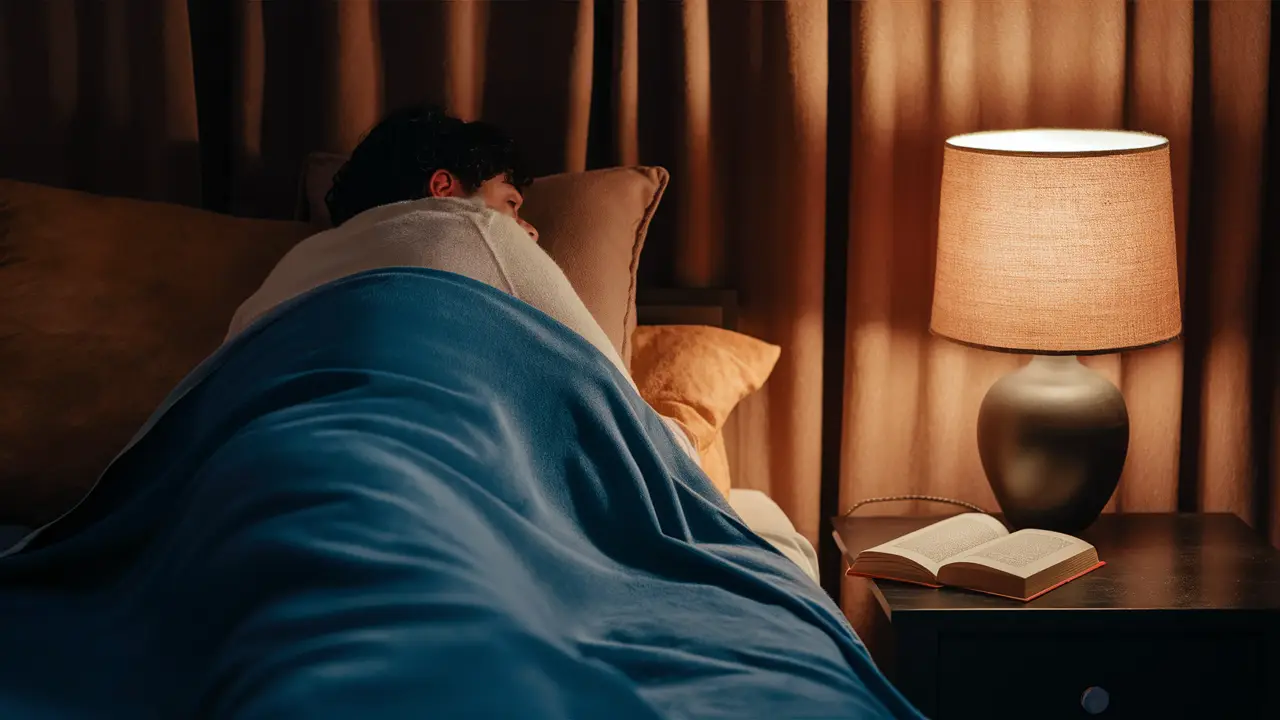 Pessoa deitada em cama com cobertor azul, livro aberto no criado-mudo ao lado de abajur aceso suavemente.