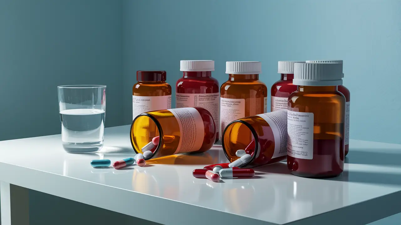 Vários frascos de medicamentos coloridos em uma mesa com um copo de água ao lado.