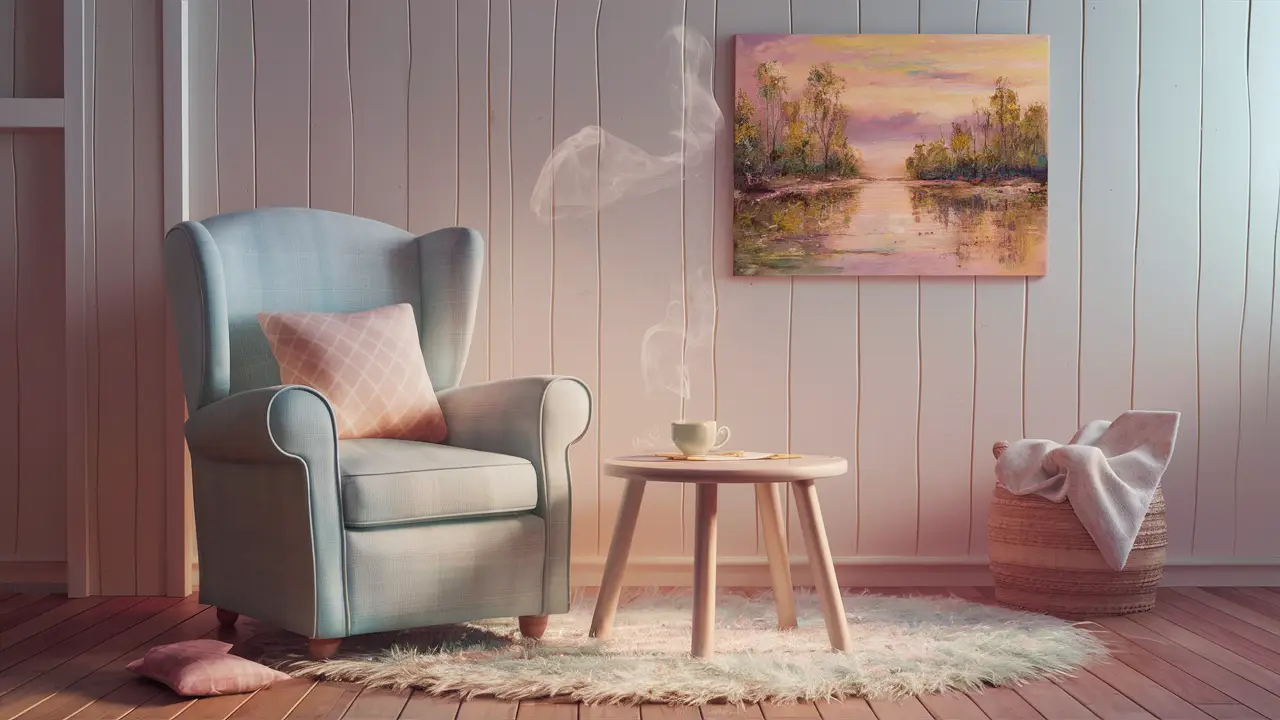 Sala aconchegante com cadeira, mesa com chá, pintura relaxante e tapete suave em tons pastéis.