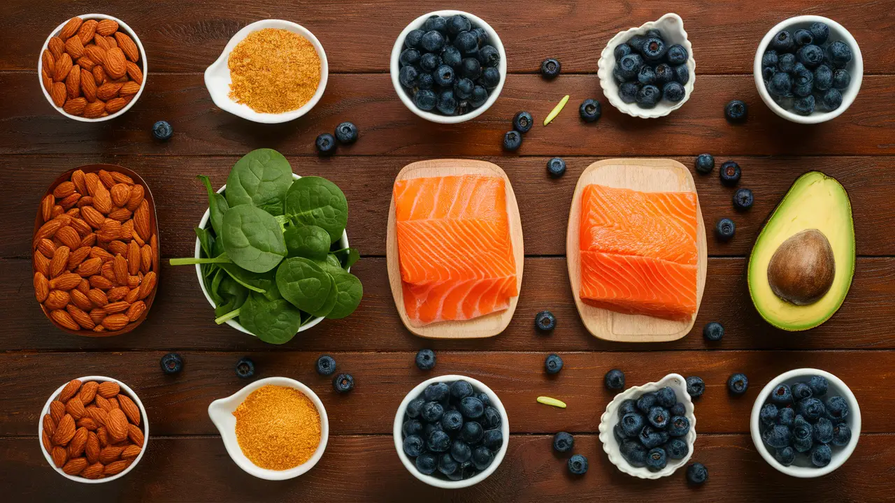 Alimentos saudáveis dispostos em uma mesa de madeira, incluindo amêndoas, espinafre, salmão, mirtilos e abacates.