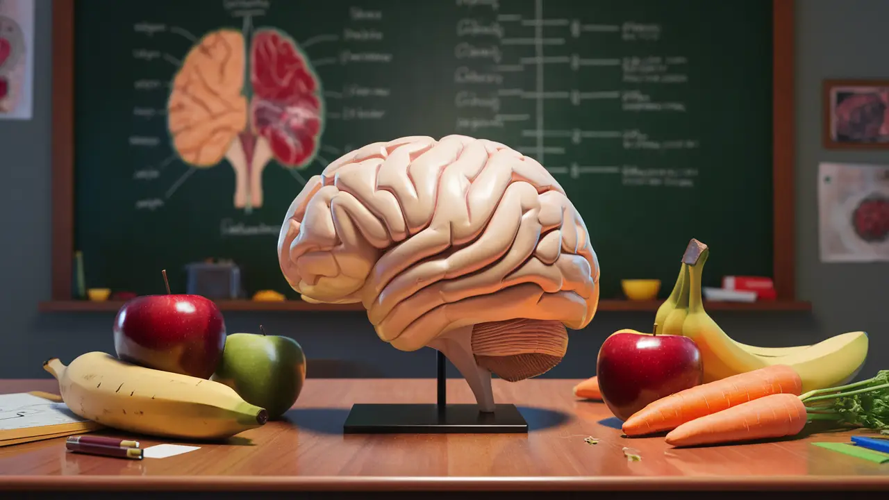 Modelo anatômico do cérebro em uma mesa com frutas e legumes coloridos ao redor.