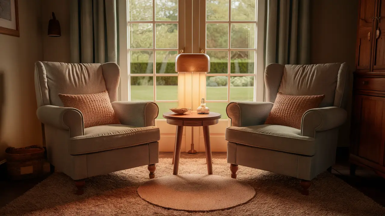 Duas poltronas em uma sala aconchegante com mesa de madeira e janela com vista para o jardim.