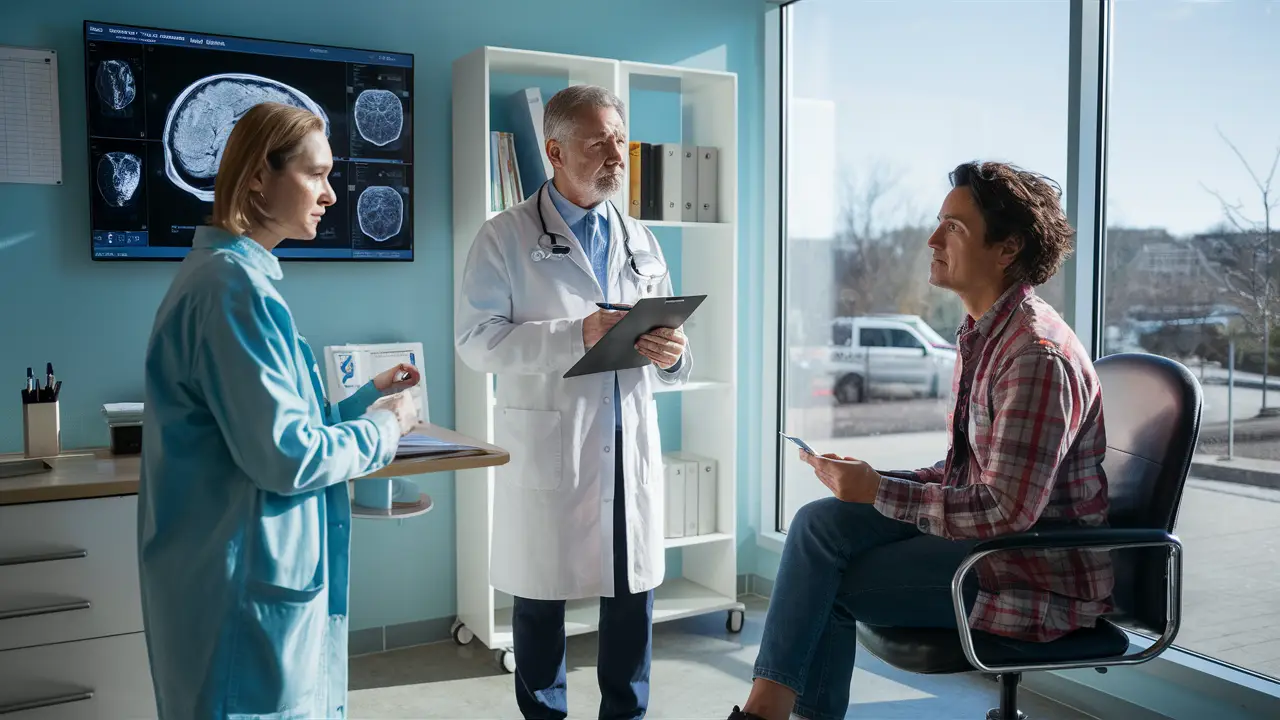 Consultório médico com scan cerebral na tela, médico com prancheta, paciente sentado ouvindo, janela aberta com sol.