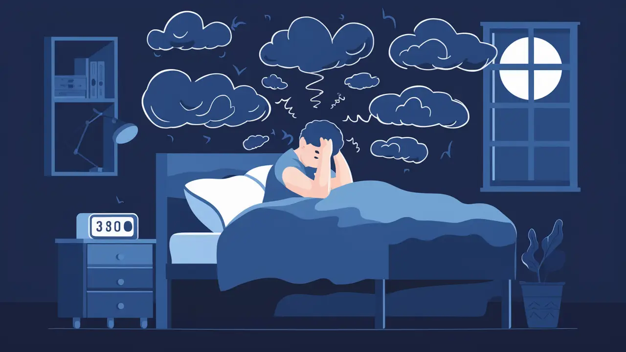Pessoa na cama cercada por nuvens escuras de estresse, com relógio digital marcando 3:00 AM e janela mostrando noite enluarada.