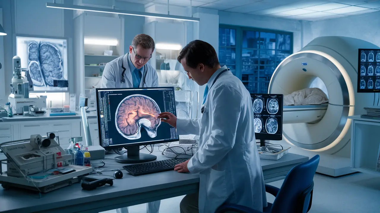 Laboratório moderno com neurologista analisando exame cerebral detalhado em tela de computador cercado por equipamentos médicos.
