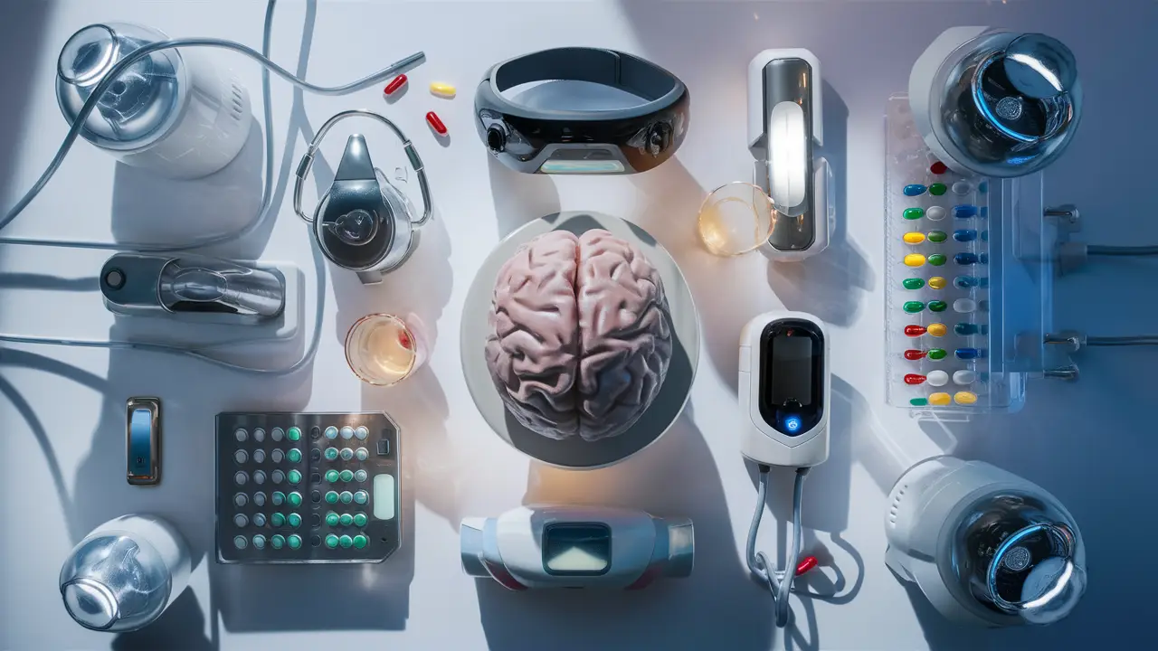 Dispositivos médicos futuristas em uma mesa branca com scanner cerebral, organizador de pílulas e dispositivo vestível.