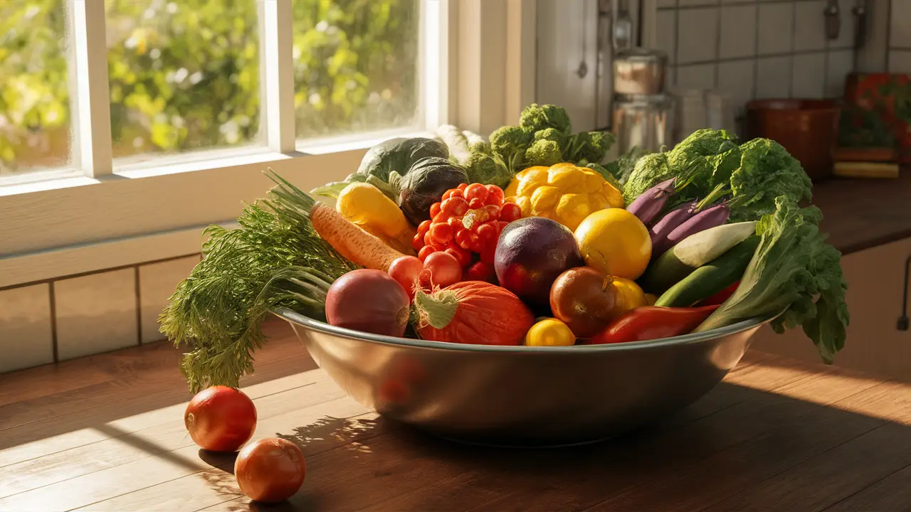 Uma tigela grande com vegetais coloridos em uma mesa de madeira, iluminada pela luz do sol entrando pela janela.