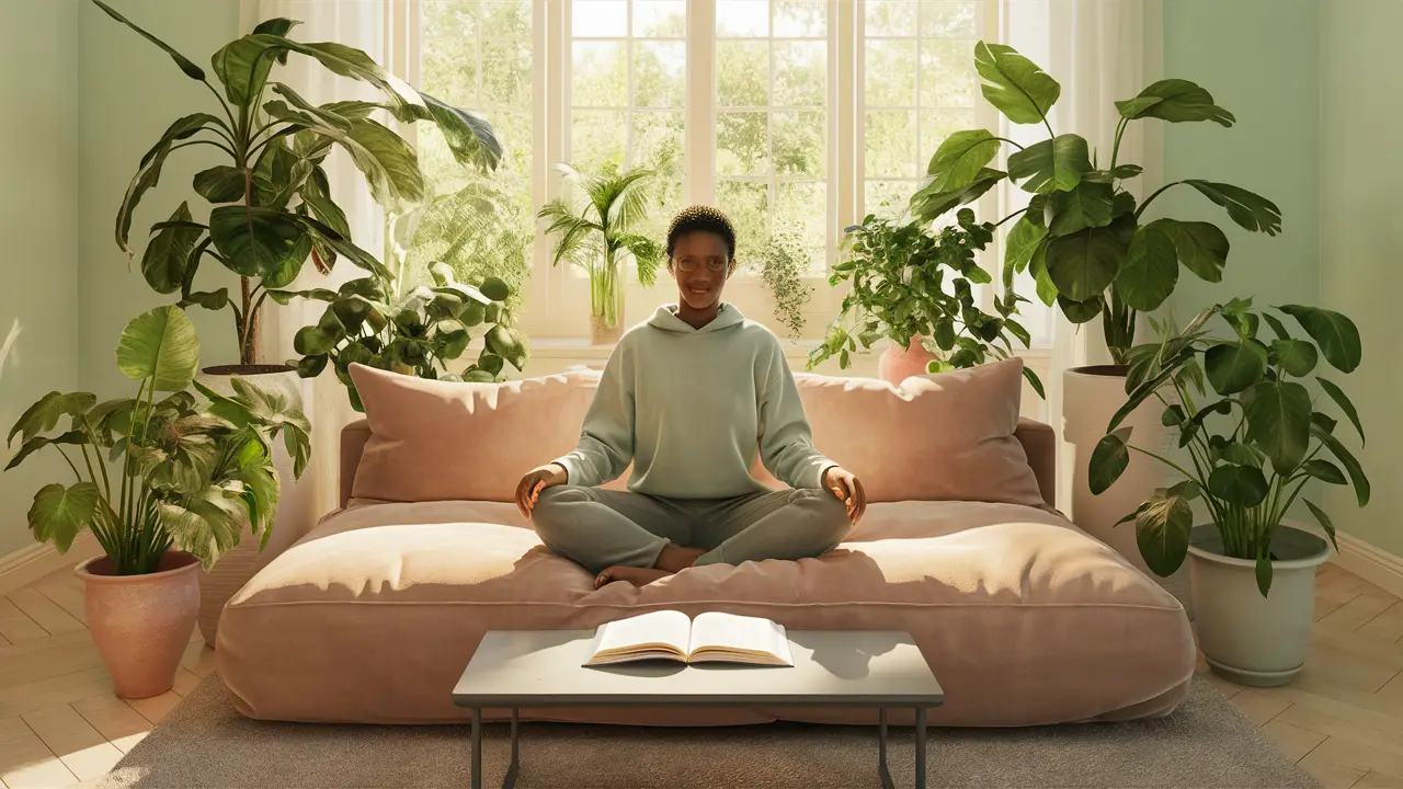 Pessoa sentada em um sofá em uma sala iluminada, com plantas verdes ao redor e livro aberto na mesa.