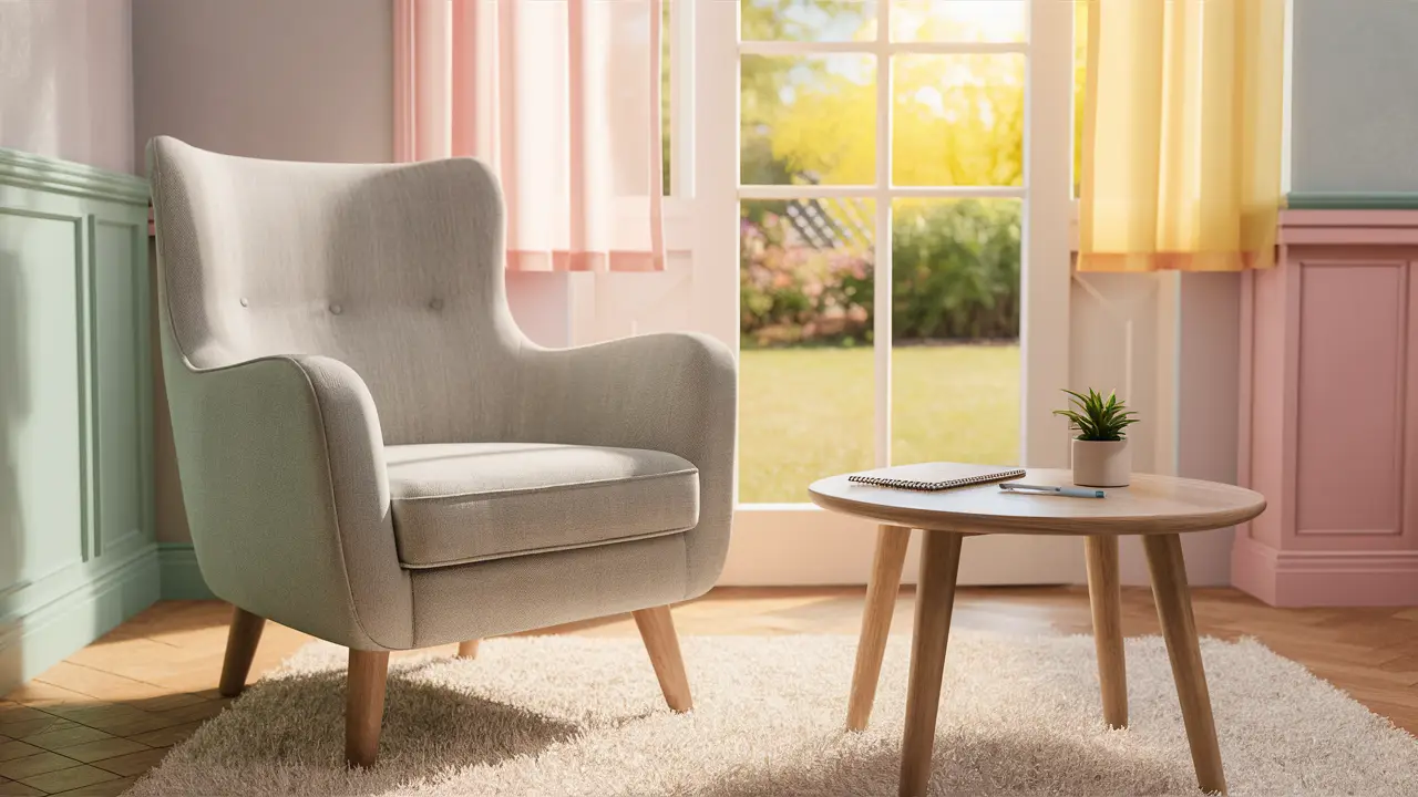 Consultório de terapeuta com poltrona cinza claro e mesa de madeira com planta e bloco de notas em sala iluminada.