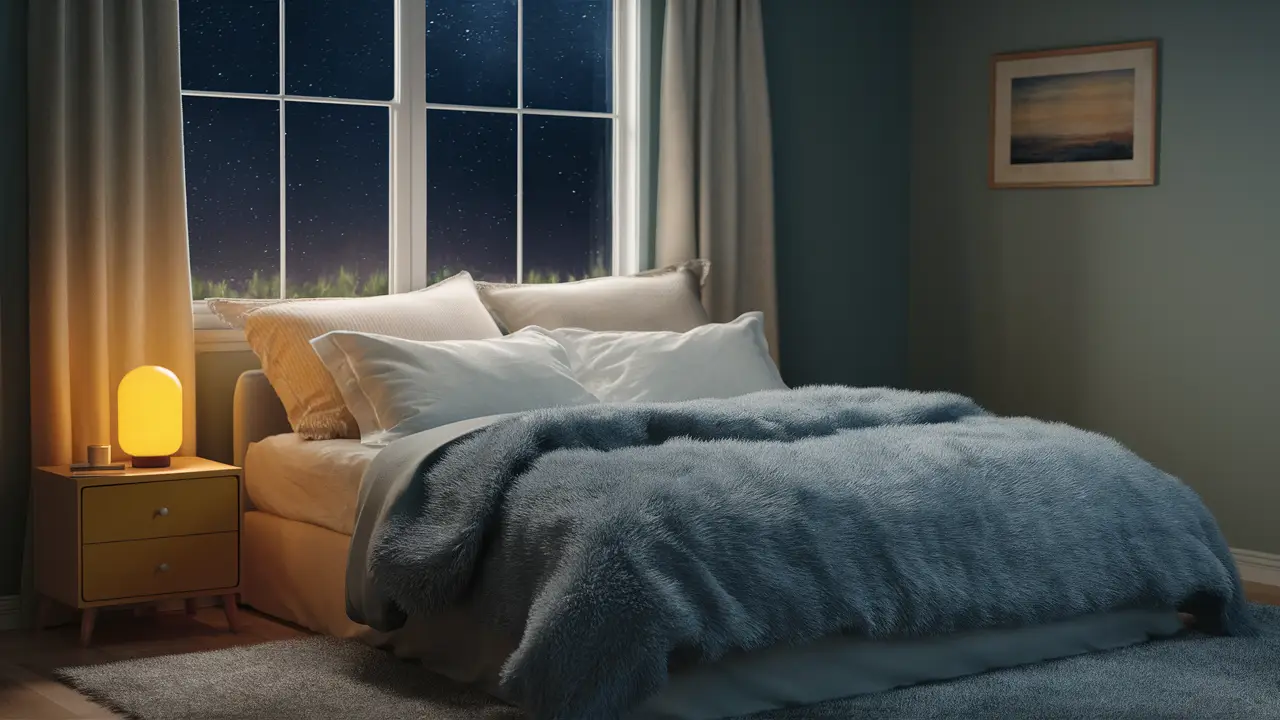 Quarto sereno com cama grande, travesseiros brancos, edredom azul e lâmpada amarela ao lado da janela estrelada.