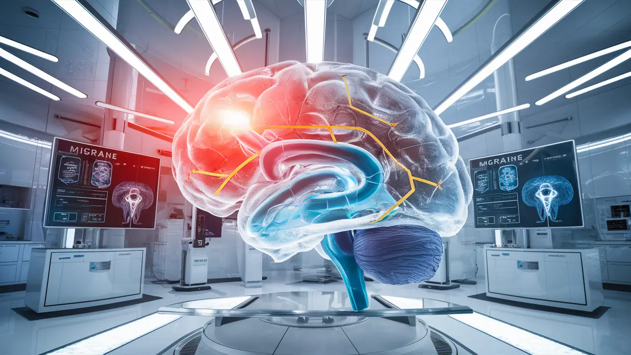 Modelo de cérebro 3D transparente com vias neurais destacadas em laboratório moderno.