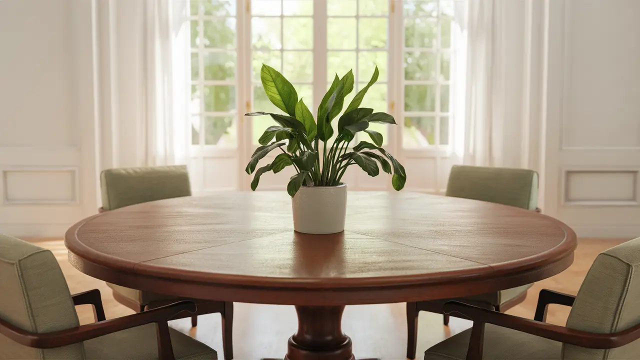 Sala iluminada com mesa redonda de madeira, quatro cadeiras confortáveis e planta verde em vaso branco.