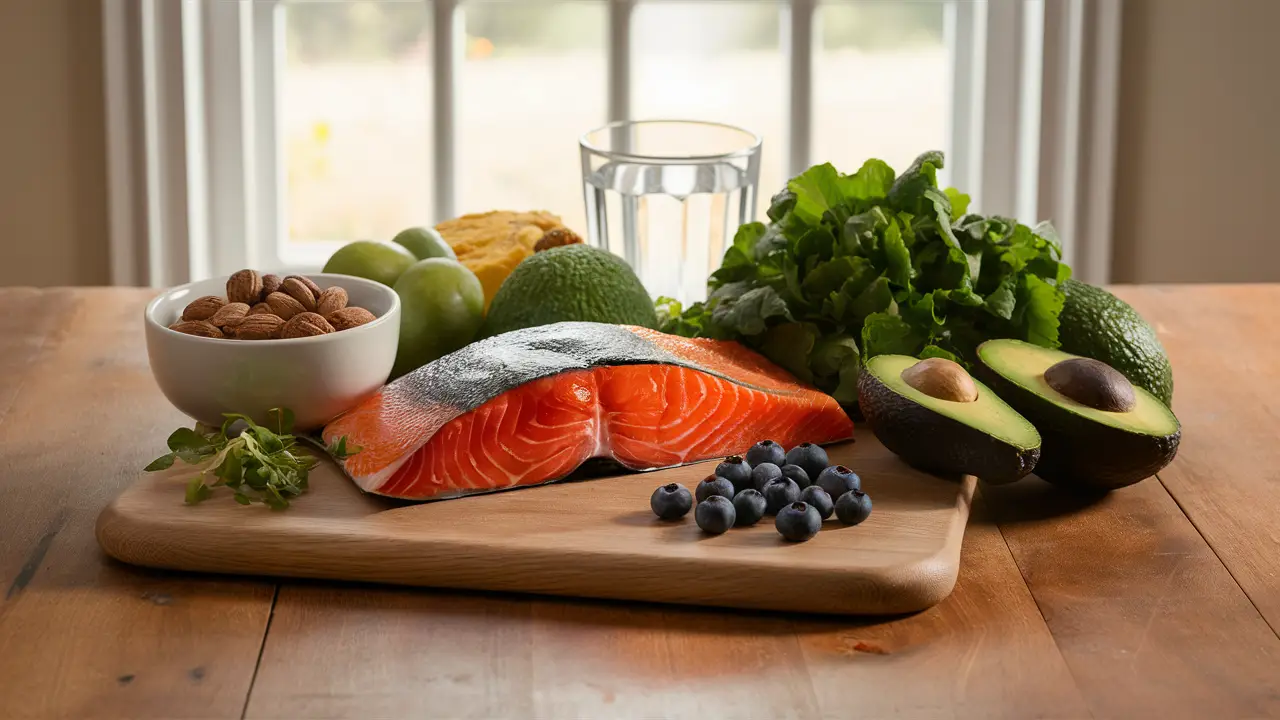 Mesa de cozinha com salmão, nozes, vegetais verdes, abacates, mirtilos e um copo de água sob luz natural.