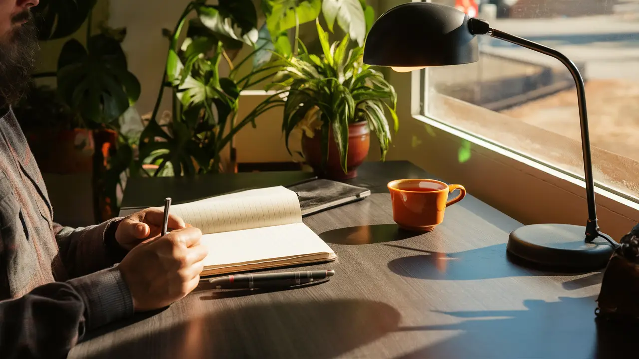 Pessoa em mesa com caderno, chá, lâmpada, plantas e janela mostrando dia ensolarado.