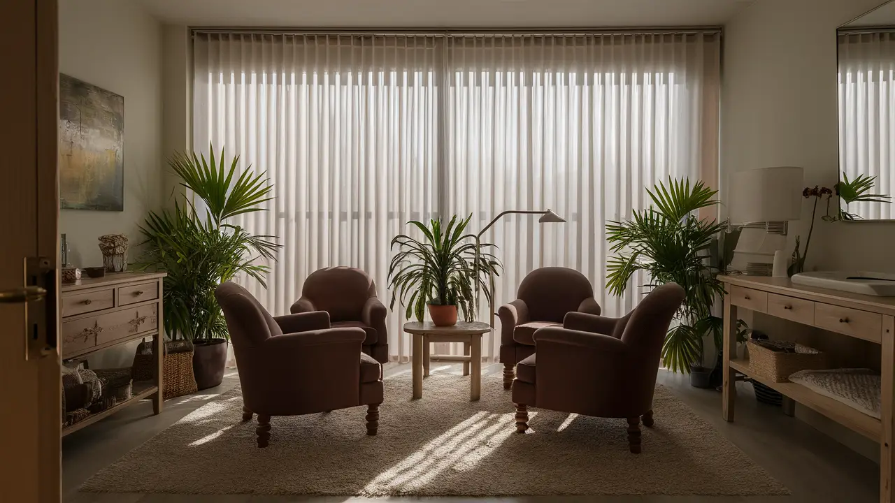 Sala de terapia com poltronas de couro marrom, mesa de madeira clara e plantas verdes próximas à janela com cortinas brancas.