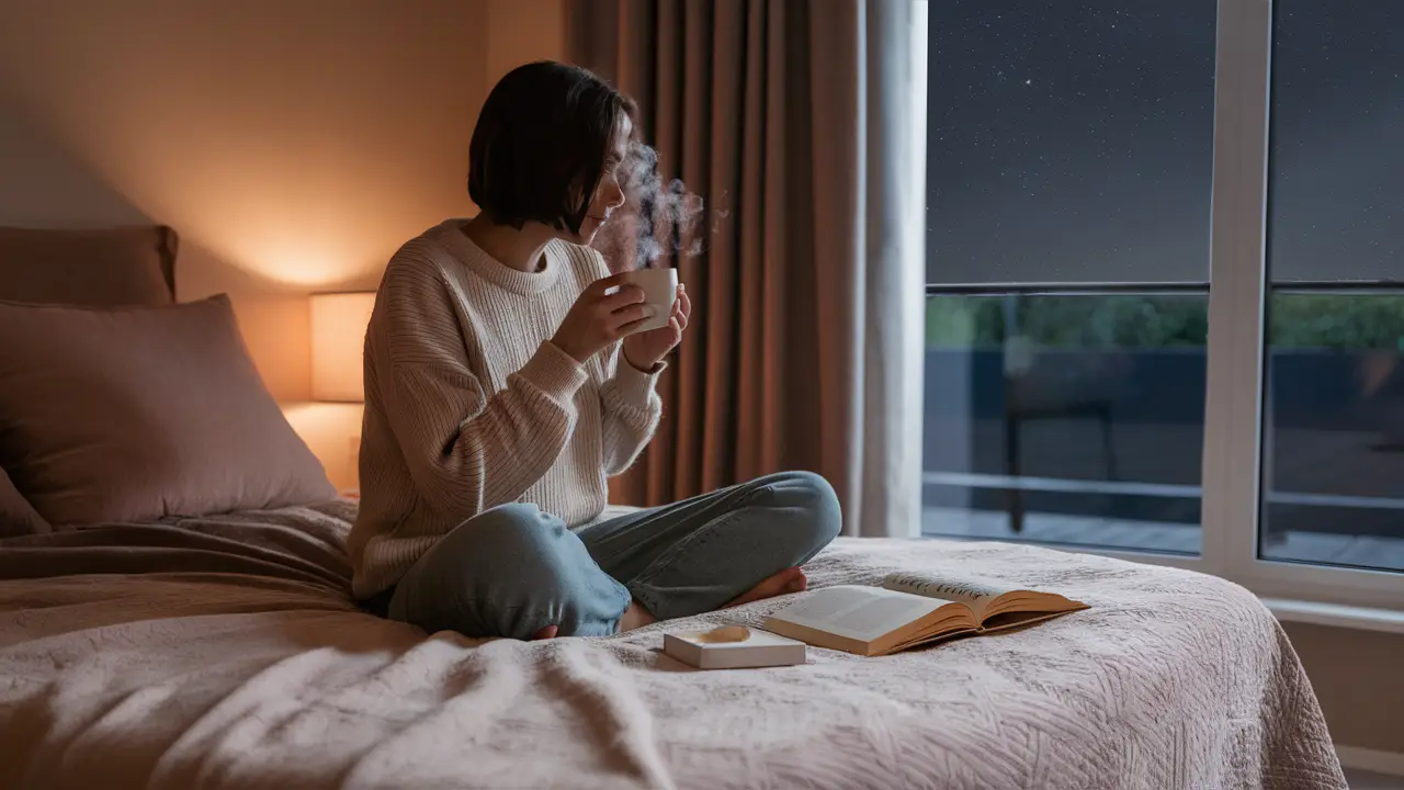 Pessoa sentada em cama com chá e livro aberto, janela mostra céu estrelado à noite em quarto aconchegante.